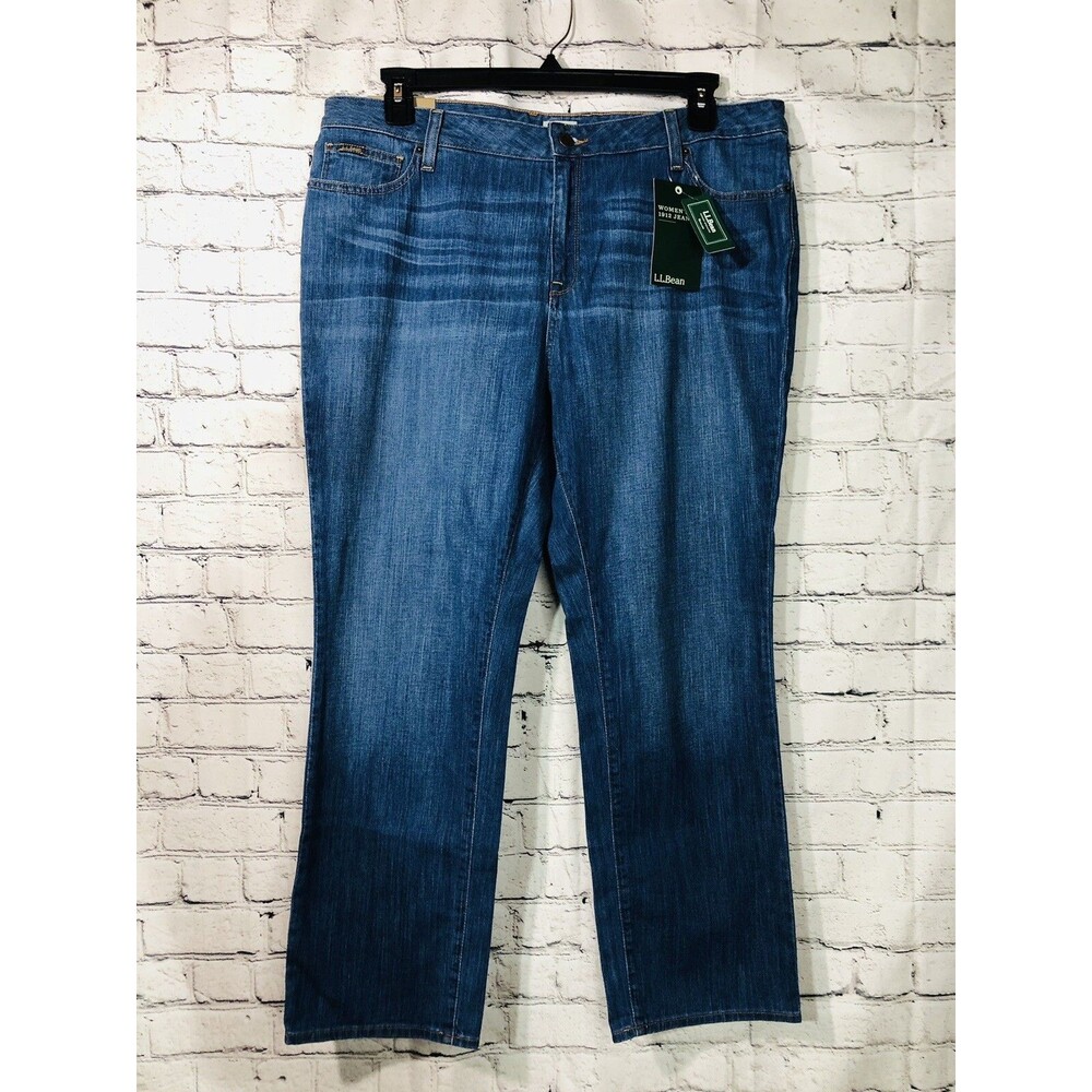 New L.L. Bean Women's Petite Jeans Straight‎ Leg Blue High Rise Plus Size 18